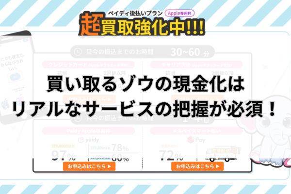 買い取るゾウの現金化はリアルなサービスの把握が必須!