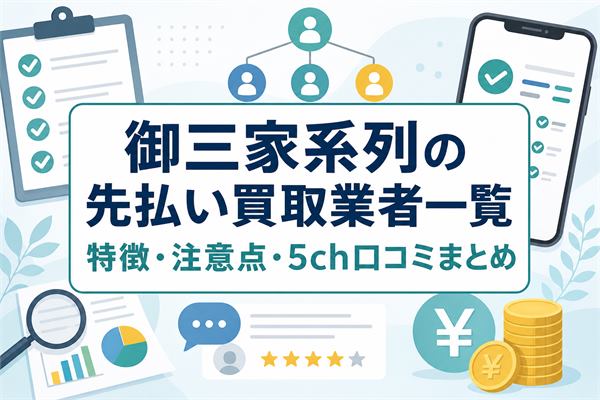 御三家系列の先払い買取業者一覧と特徴・注意点・5ch口コミをまとめた記事画像