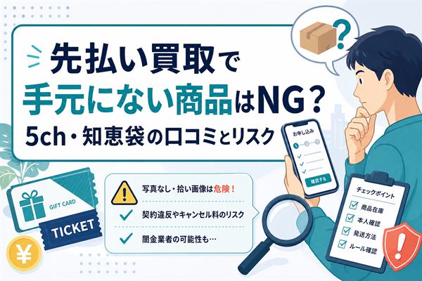 先払い買取で手元にない商品の申し込みリスクと5ch・知恵袋口コミをまとめたアイキャッチ画像