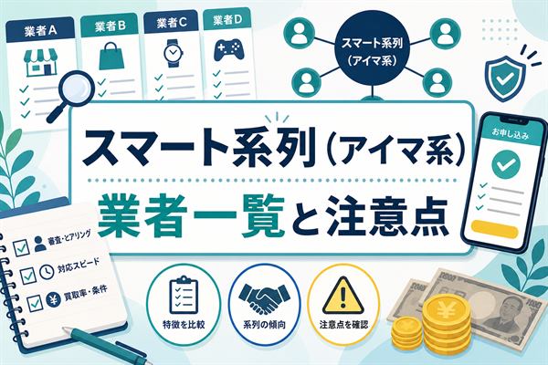 スマート系列アイマ系の先払い買取業者一覧と特徴・注意点をまとめたアイキャッチ画像