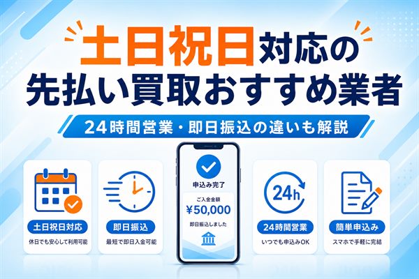 土日祝日対応の先払い買取おすすめ業者と24時間営業・即日振込の違いを解説するアイキャッチ画像