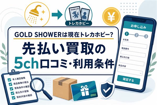 GOLD SHOWERは現在トレカホビーか、先払い買取の5ch口コミと利用条件を確認するアイキャッチ画像